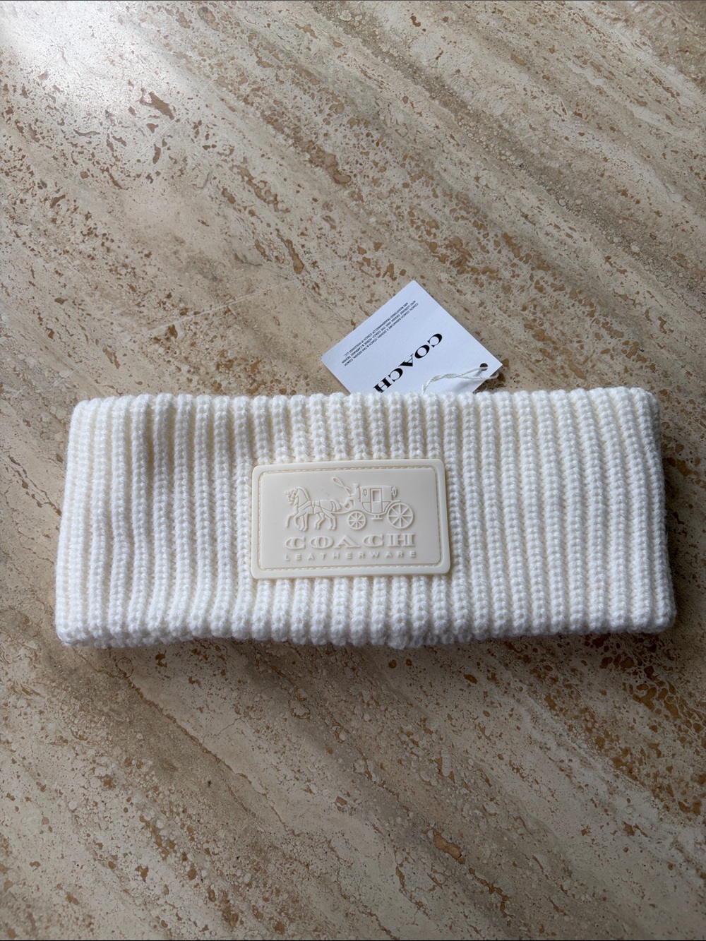 COACH Cream Ribbed Knit Headband with Logo Patch